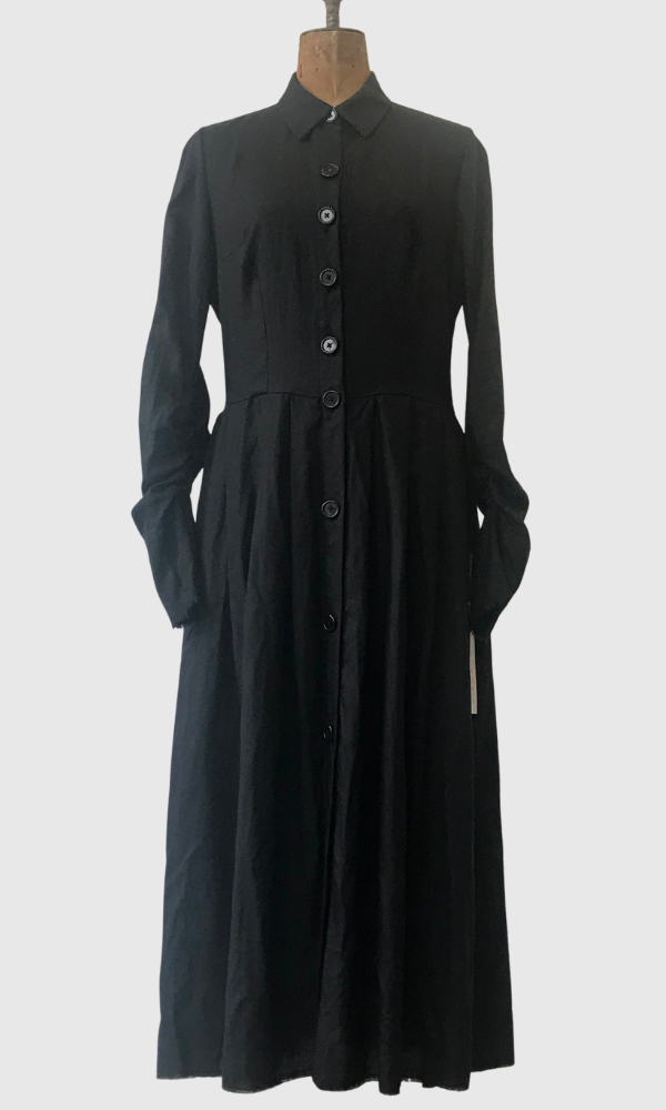 RAW EDGE COAT DRESS WITH THUMBHOLES - BLACK LINEN