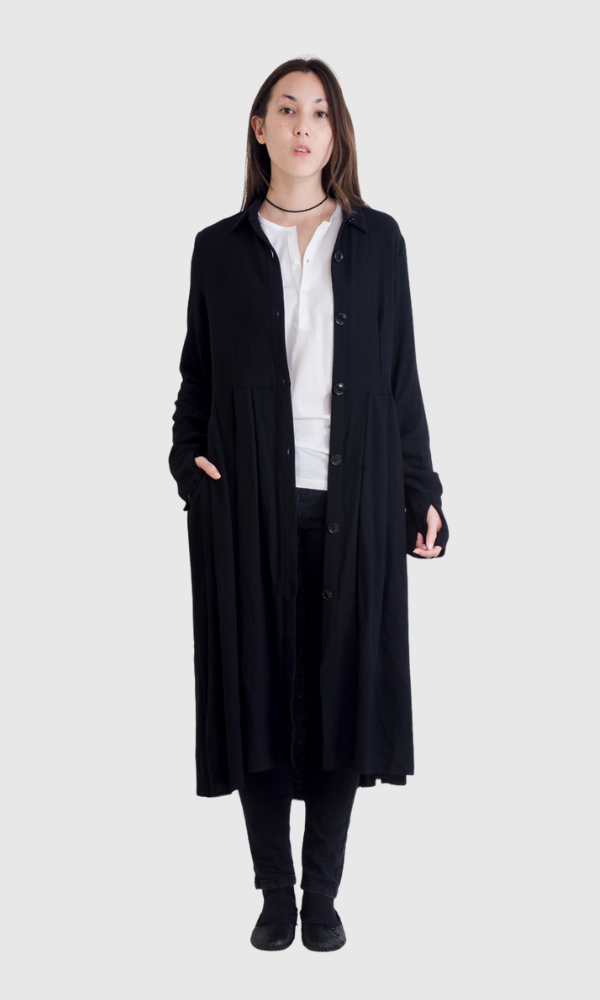 RAW EDGE COAT DRESS WITH THUMBHOLES - BLACK WOOL
