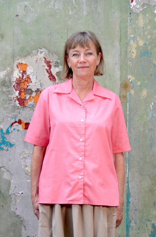 PLAIN, SHORT-SLEEVE BOWLING SHIRT - CORAL