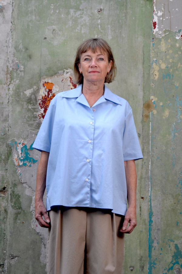 PLAIN, SHORT-SLEEVE BOWLING SHIRT - SKY BLUE