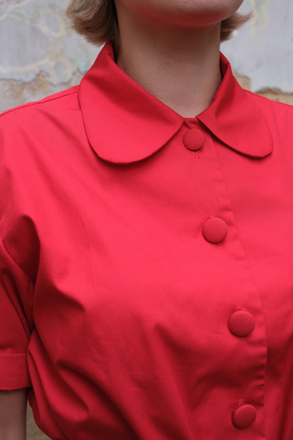 ROUND COLLARED SHIRT WITH COVERED BUTTONS - RED