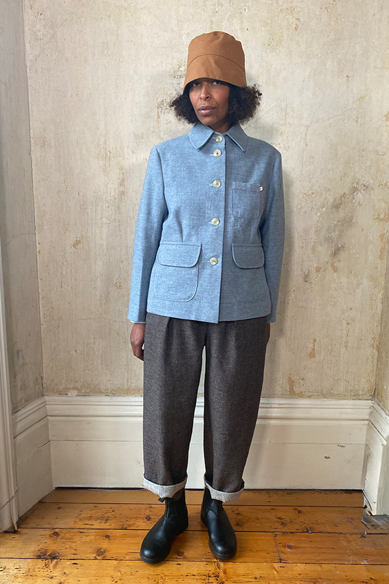 4 BUTTON CHORE JACKET: WOOL/LINEN - AZURE BLUE
